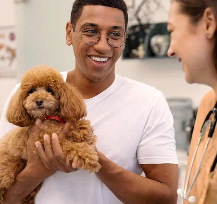 Hombre con su perro en el veterinario